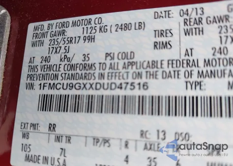 2013 Ford Escape Se from USA, damaged, VIN 1FMCU9GXXDUD47516